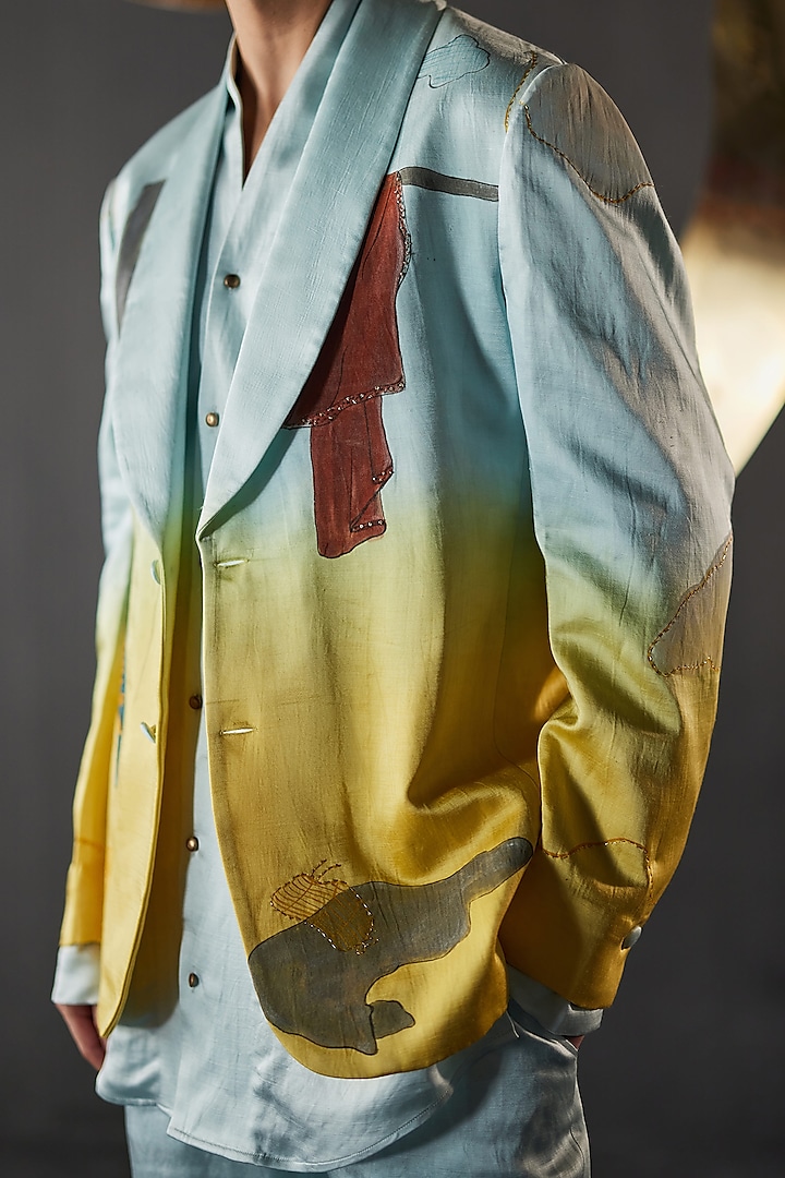 Sky Blue & Yellow Ombre Linen Silk Printed Co-Ord Set by Jatin Malik at Pernia's Pop Up Shop
