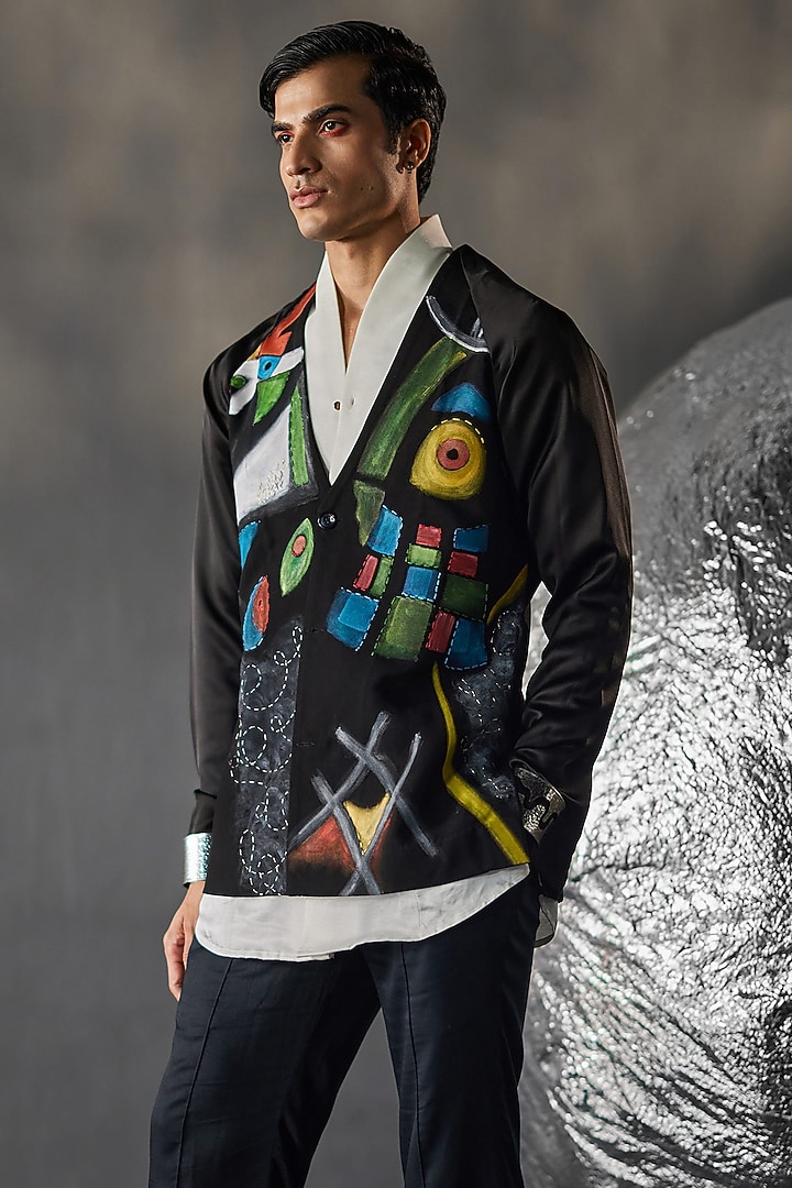Black Modal Rayon Printed & Embroidered Blazer Set by Jatin Malik at Pernia's Pop Up Shop
