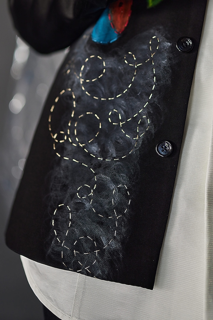 Black Modal Rayon Printed & Embroidered Blazer Set by Jatin Malik at Pernia's Pop Up Shop