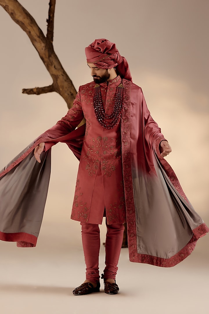 Red Linen Silk Embroidered Sherwani Set by Jatin Malik