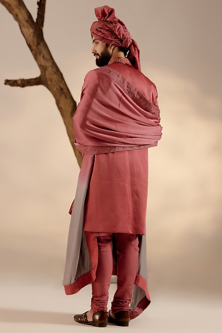 Red Linen Silk Hand Embroidered Groom Sherwani Set by Jatin Malik at Pernia's Pop Up Shop