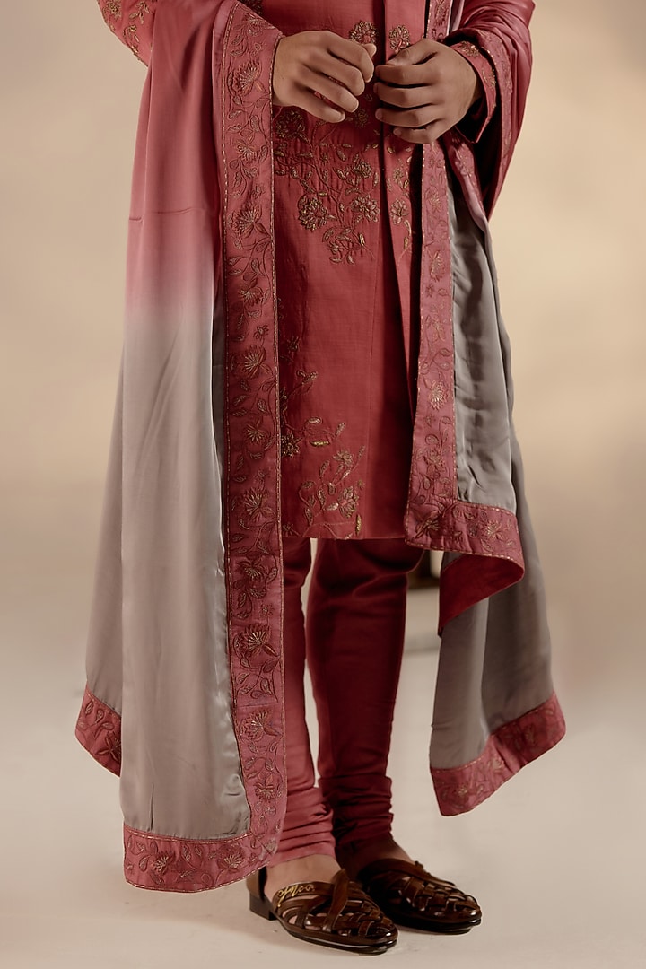 Red Linen Silk Hand Embroidered Groom Sherwani Set by Jatin Malik at Pernia's Pop Up Shop