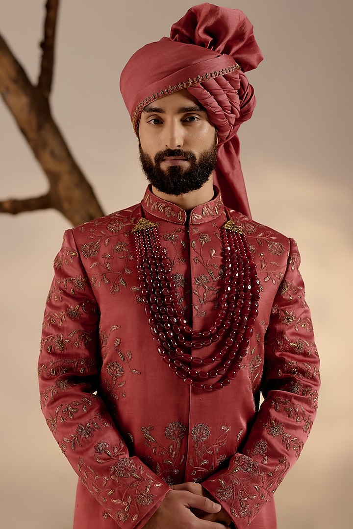 Red Linen Silk Hand Embroidered Groom Sherwani Set by Jatin Malik at Pernia's Pop Up Shop
