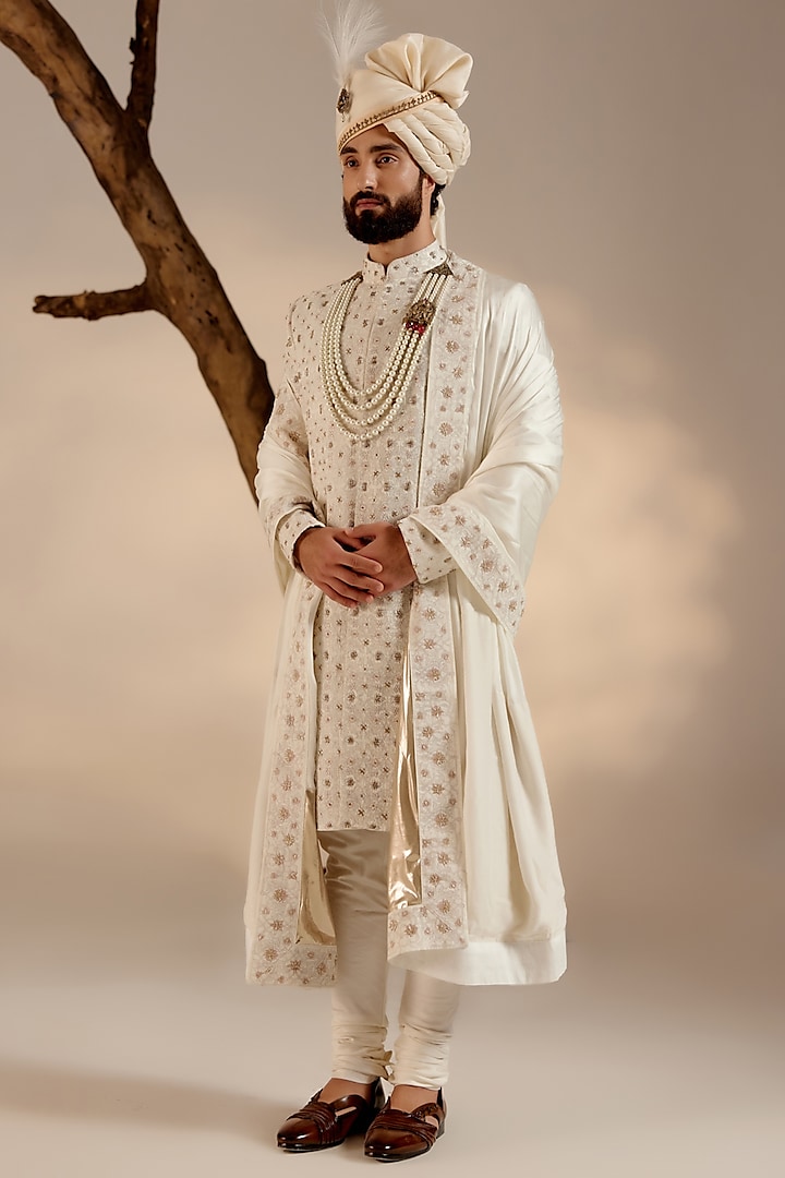 White Linen Silk Embroidered Sherwani Set by Jatin Malik