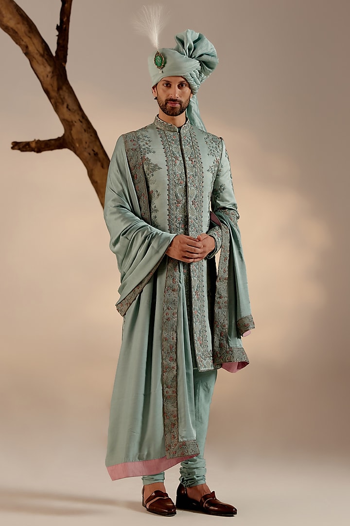 Chateau Grey Linen Silk Embroidered Sherwani Set by Jatin Malik