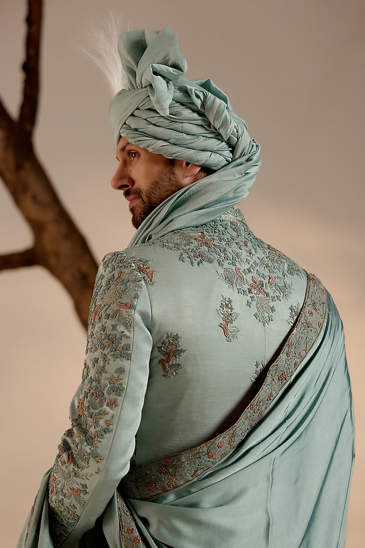 Chateau Grey Linen Silk Hand Embroidered Groom Sherwani Set by Jatin Malik at Pernia's Pop Up Shop