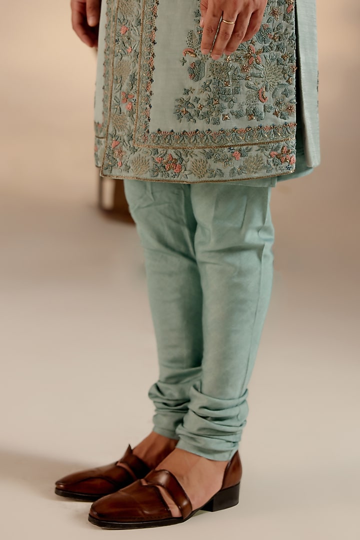Chateau Grey Linen Silk Hand Embroidered Groom Sherwani Set by Jatin Malik at Pernia's Pop Up Shop