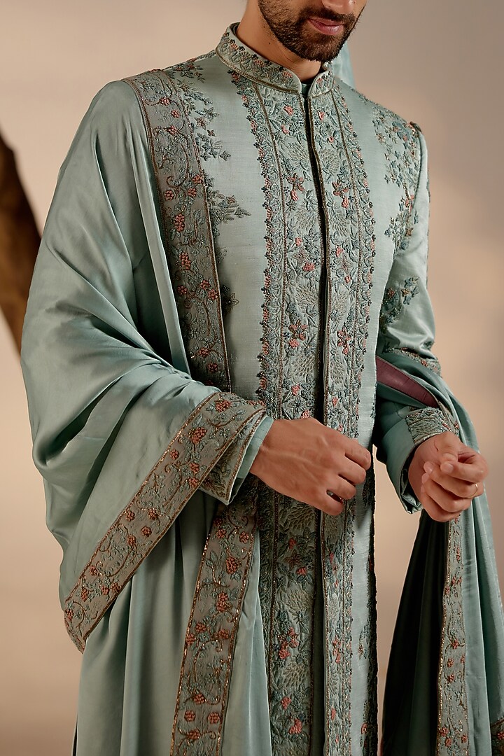 Chateau Grey Linen Silk Hand Embroidered Groom Sherwani Set by Jatin Malik at Pernia's Pop Up Shop