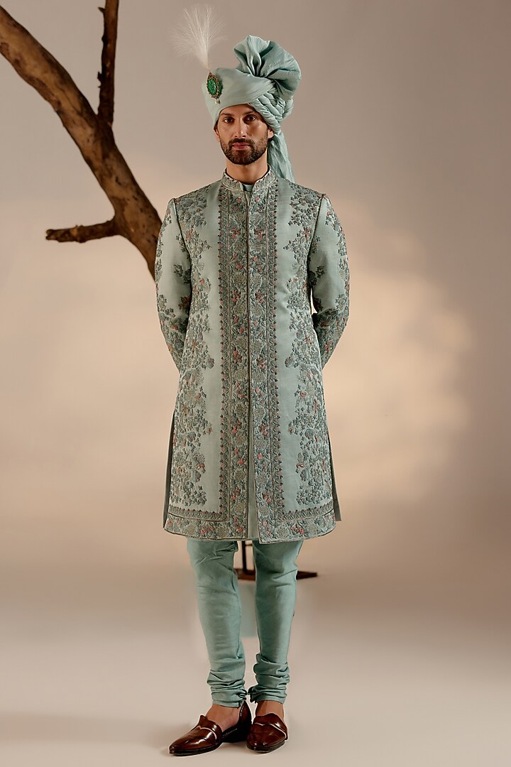 Chateau Grey Linen Silk Hand Embroidered Groom Sherwani Set by Jatin Malik at Pernia's Pop Up Shop