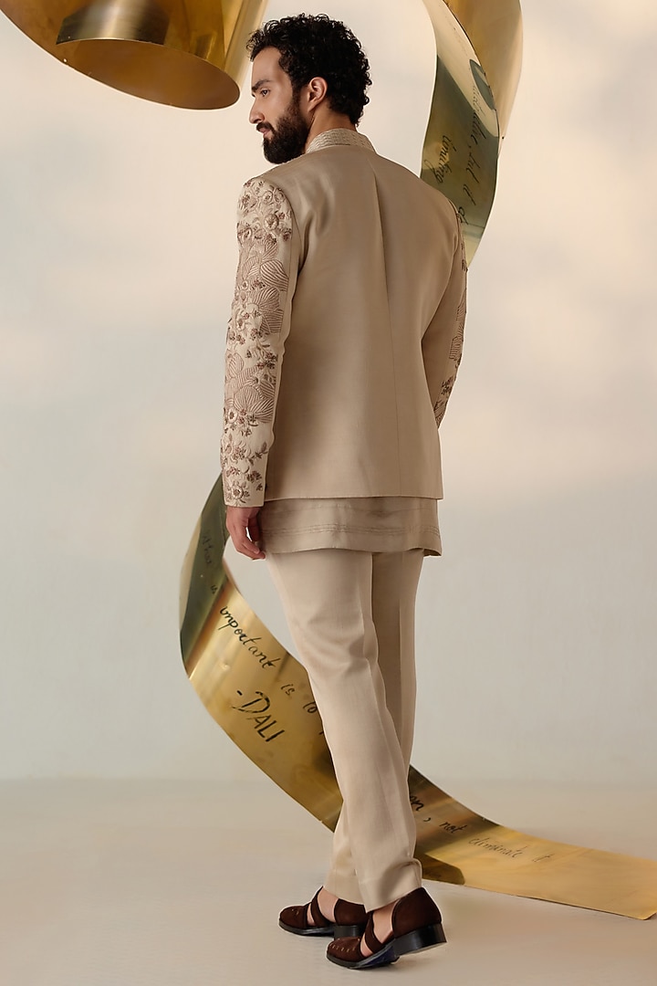Sand Grey Linen Silk Hand Embroidered Groom Indowestern Set by Jatin Malik at Pernia's Pop Up Shop