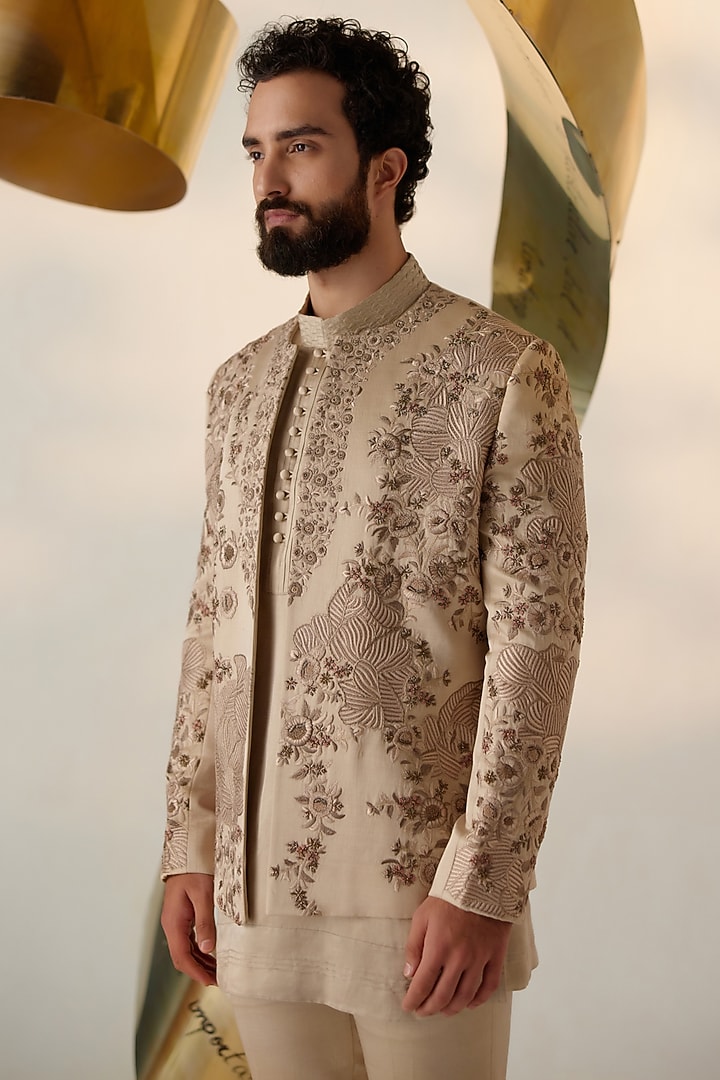 Sand Grey Linen Silk Hand Embroidered Groom Indowestern Set by Jatin Malik at Pernia's Pop Up Shop