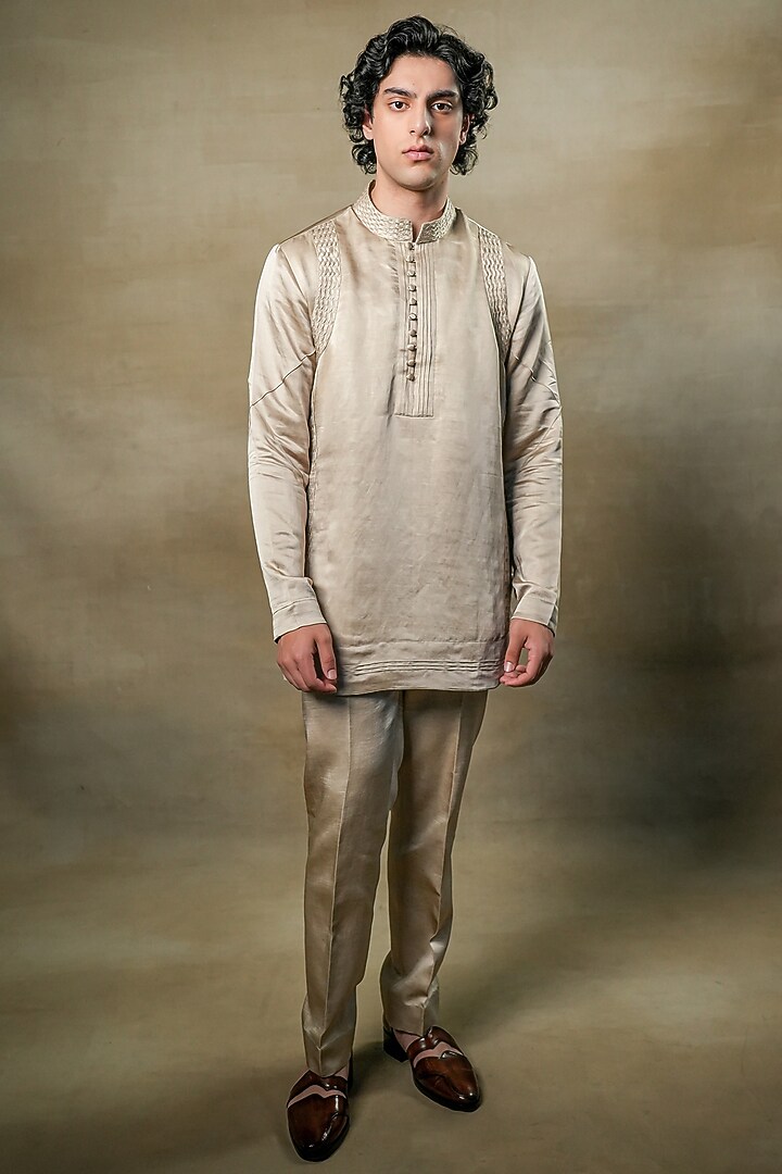 Sand Grey Linen Silk Hand Embroidered Groom Indowestern Set by Jatin Malik at Pernia's Pop Up Shop