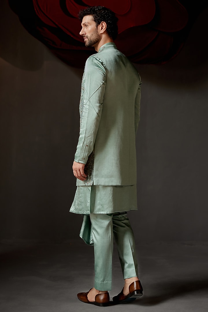 Chateau Grey Linen Silk Hand Embroidered Groom Indowestern Set by Jatin Malik at Pernia's Pop Up Shop