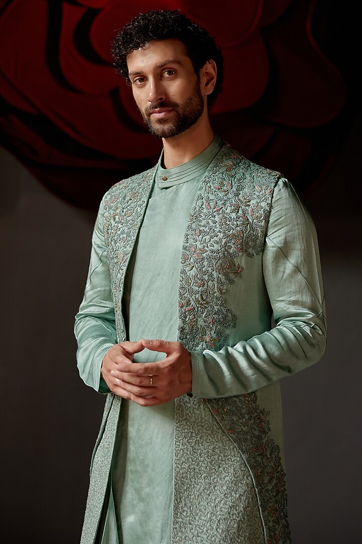 Chateau Grey Linen Silk Hand Embroidered Groom Indowestern Set by Jatin Malik at Pernia's Pop Up Shop