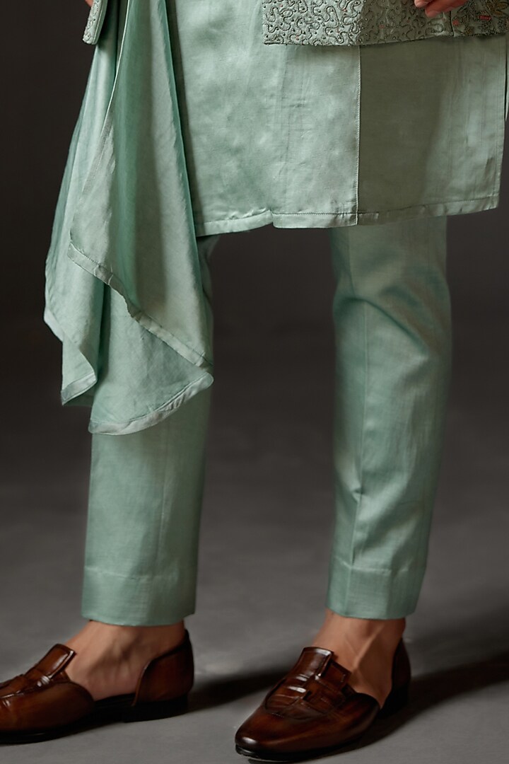 Chateau Grey Linen Silk Hand Embroidered Groom Indowestern Set by Jatin Malik at Pernia's Pop Up Shop