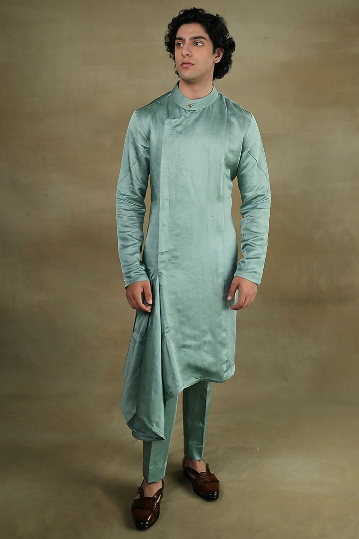 Chateau Grey Linen Silk Hand Embroidered Groom Indowestern Set by Jatin Malik at Pernia's Pop Up Shop