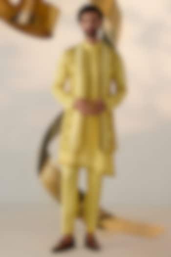 Yellow Linen Silk Hand Embroidered Indowestern Jacket Set by Jatin Malik