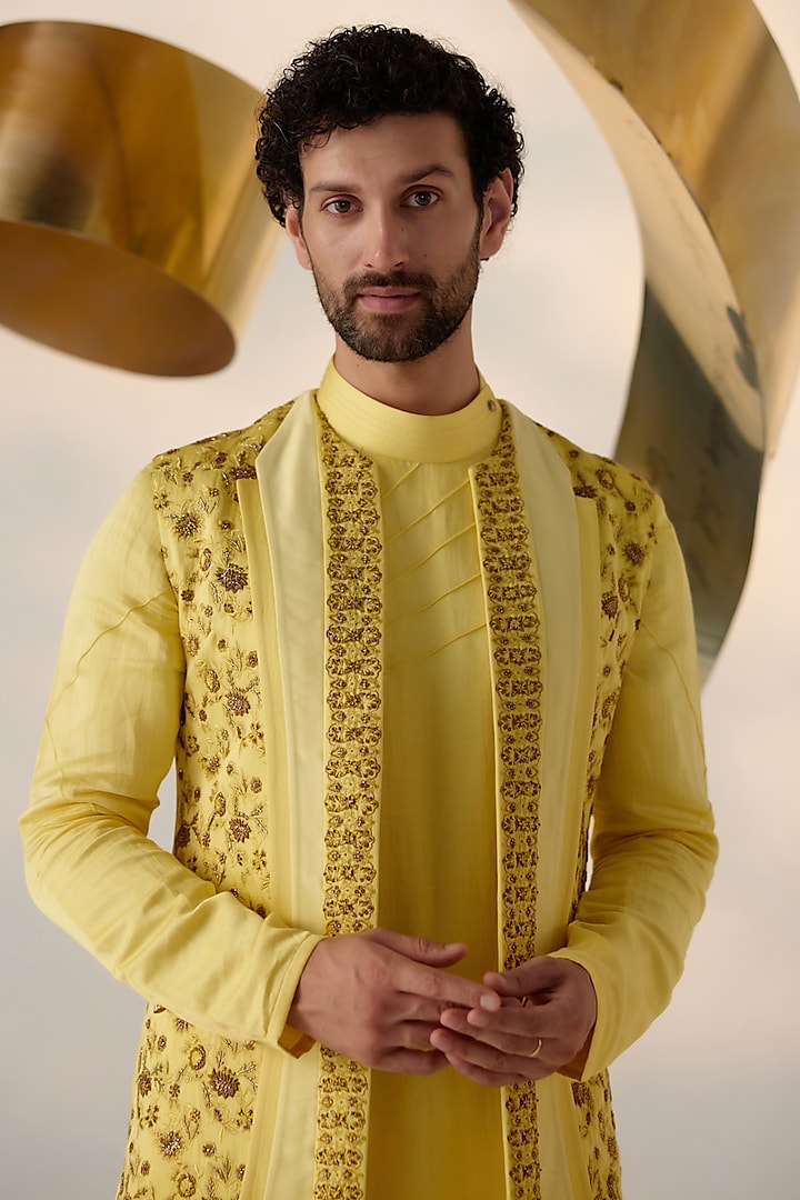Yellow Linen Silk Hand Embroidered Groom Indowestern Jacket Set by Jatin Malik at Pernia's Pop Up Shop