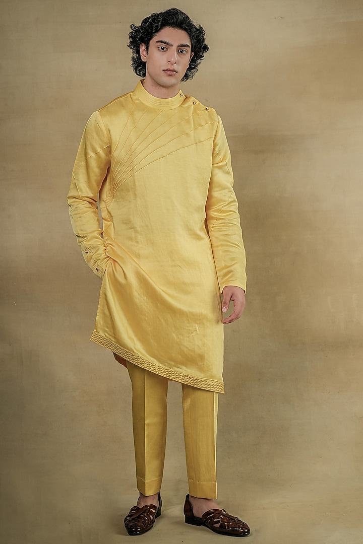 Yellow Linen Silk Hand Embroidered Groom Indowestern Jacket Set by Jatin Malik at Pernia's Pop Up Shop