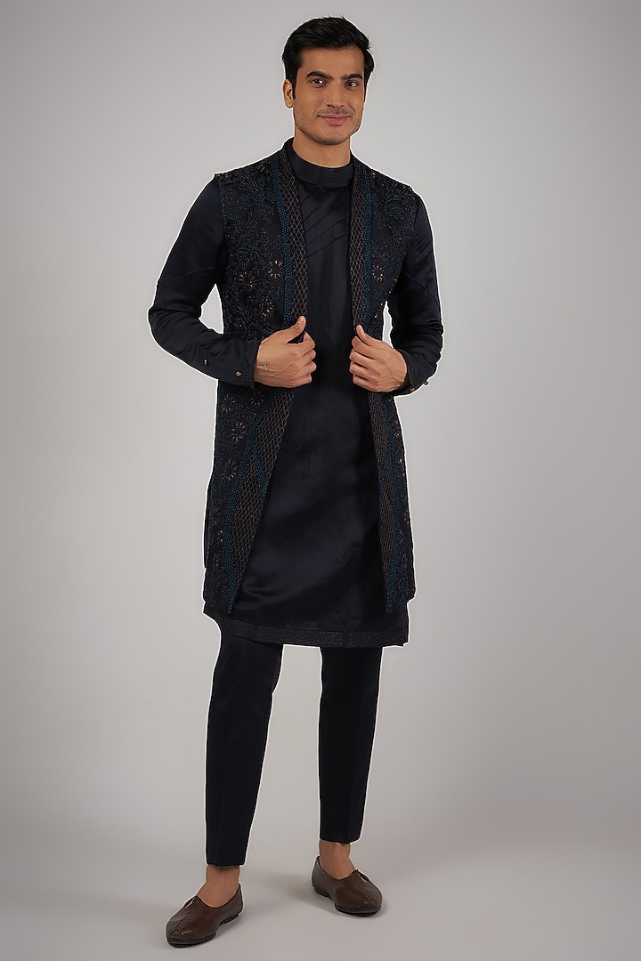 Navy Blue Linen Silk Embroidered Groom Indowestern Set by Jatin Malik at Pernia's Pop Up Shop