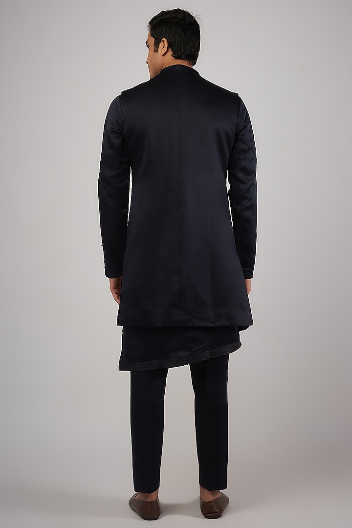 Navy Blue Linen Silk Embroidered Groom Indowestern Set by Jatin Malik at Pernia's Pop Up Shop