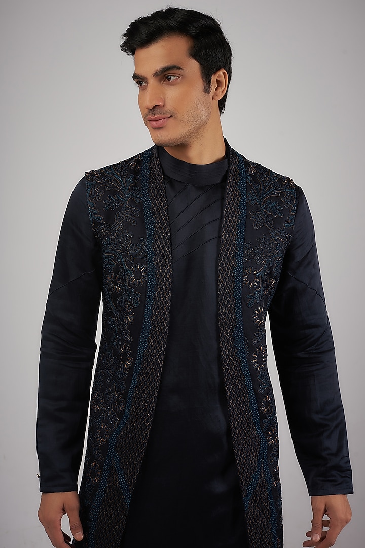 Navy Blue Linen Silk Embroidered Groom Indowestern Set by Jatin Malik at Pernia's Pop Up Shop