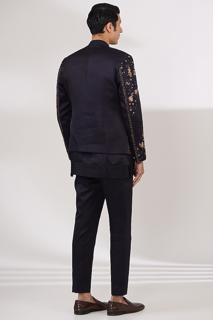Space Blue Linen Silk Hand Embroidered Groom Indowestern Set by Jatin Malik at Pernia's Pop Up Shop