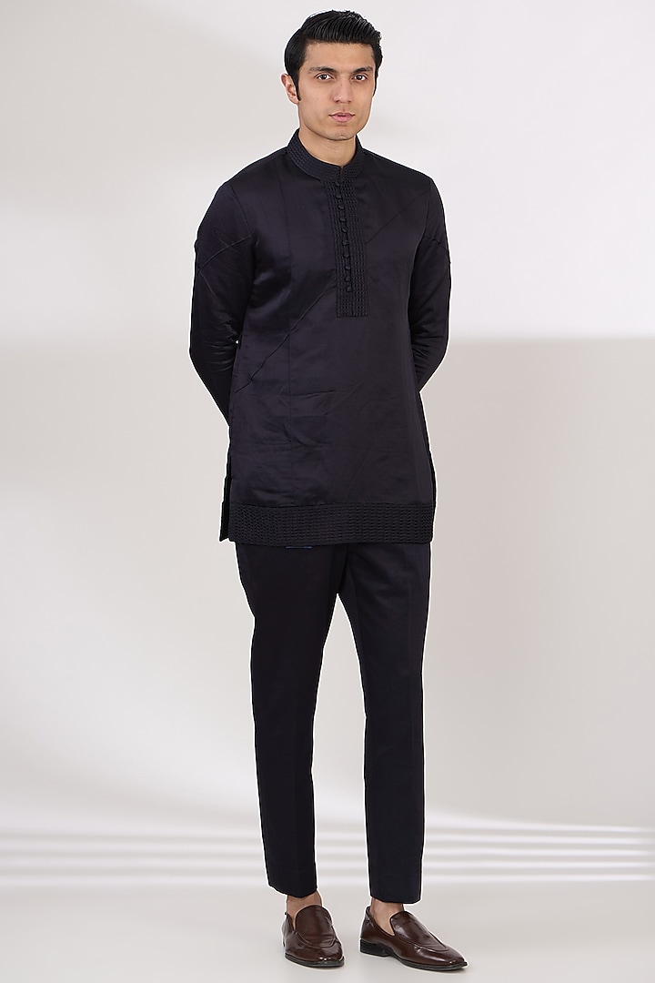 Space Blue Linen Silk Hand Embroidered Groom Indowestern Set by Jatin Malik at Pernia's Pop Up Shop