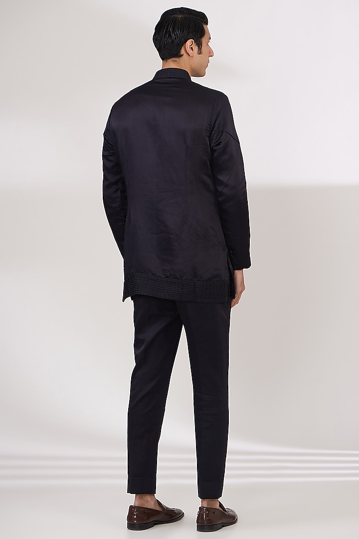 Space Blue Linen Silk Hand Embroidered Groom Indowestern Set by Jatin Malik at Pernia's Pop Up Shop