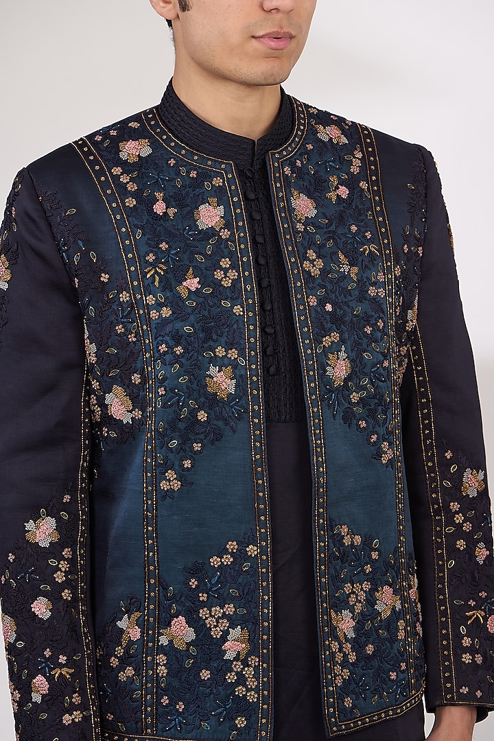 Space Blue Linen Silk Hand Embroidered Groom Indowestern Set by Jatin Malik at Pernia's Pop Up Shop
