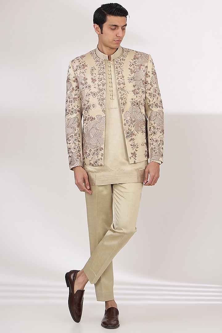 Sand Grey Linen Silk Hand Embroidered Indowestern Set by Jatin Malik at Pernia's Pop Up Shop