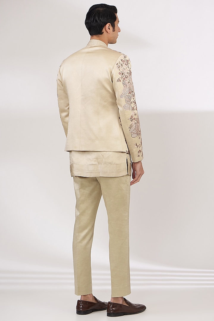 Sand Grey Linen Silk Hand Embroidered Groom Indowestern Set by Jatin Malik at Pernia's Pop Up Shop