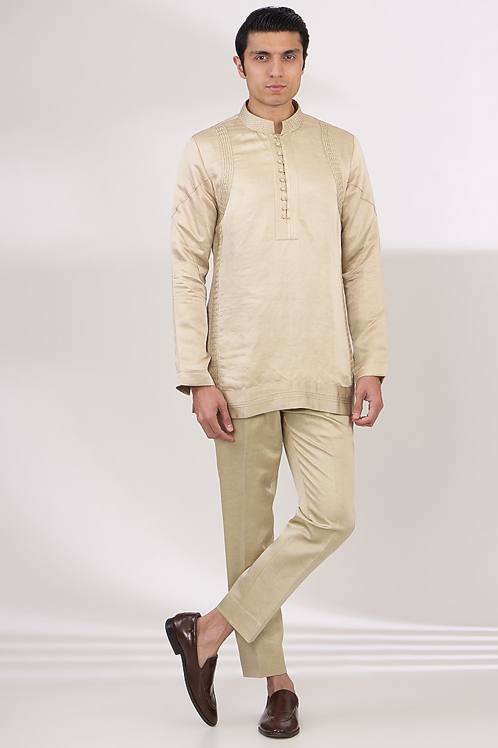 Sand Grey Linen Silk Hand Embroidered Groom Indowestern Set by Jatin Malik at Pernia's Pop Up Shop