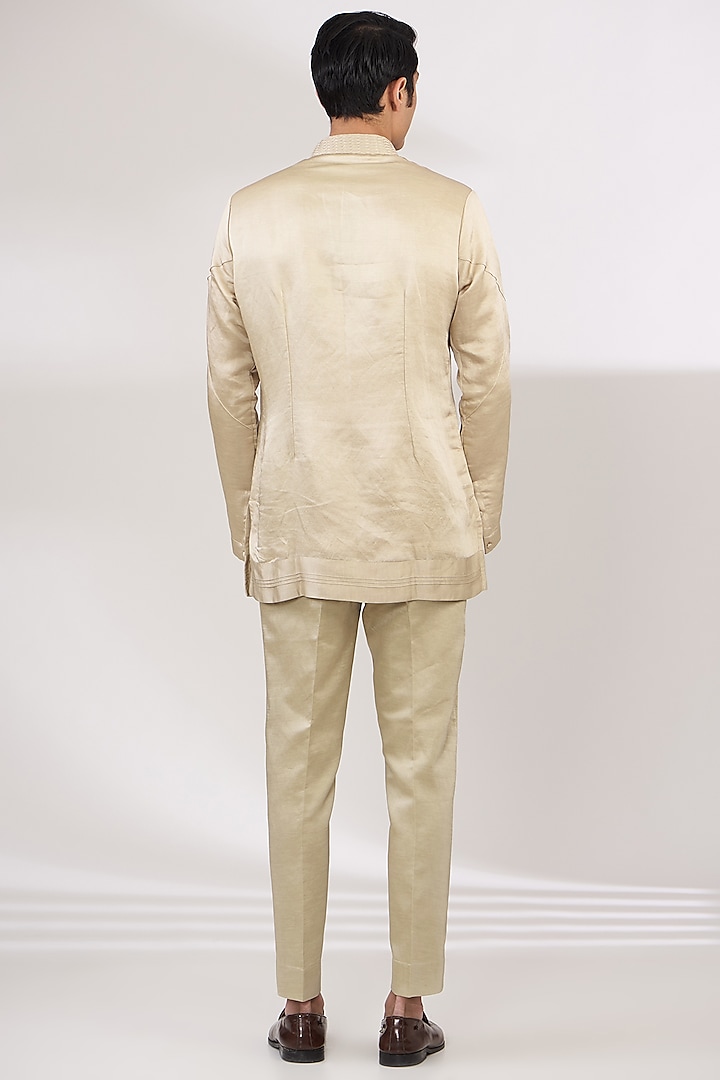 Sand Grey Linen Silk Hand Embroidered Groom Indowestern Set by Jatin Malik at Pernia's Pop Up Shop