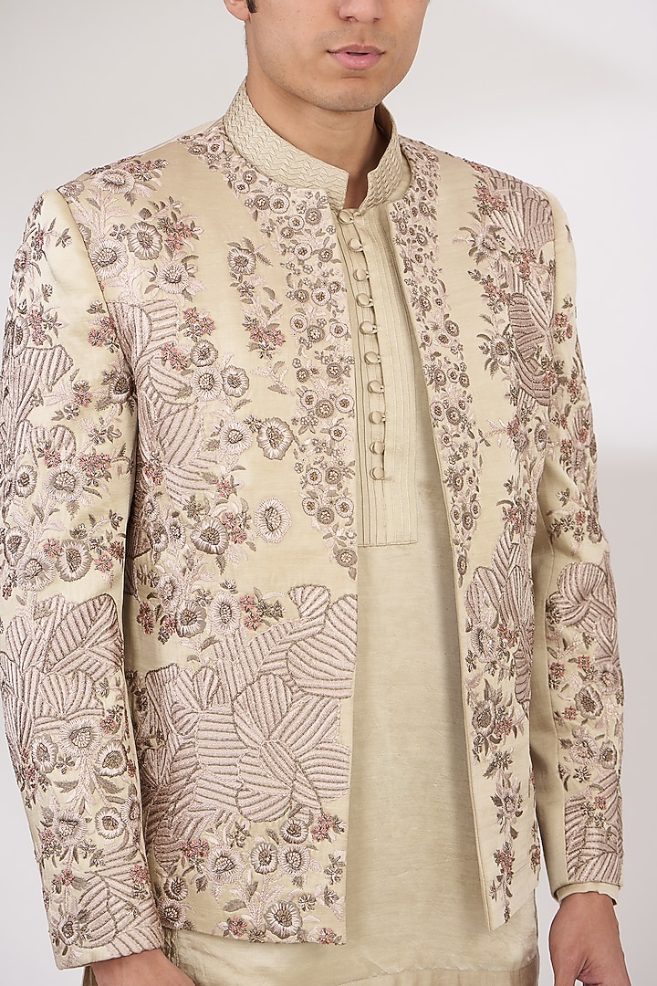 Sand Grey Linen Silk Hand Embroidered Groom Indowestern Set by Jatin Malik at Pernia's Pop Up Shop