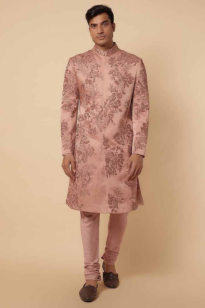 Old Rose Linen Silk Hand Embroidered Sherwani Set by Jatin Malik