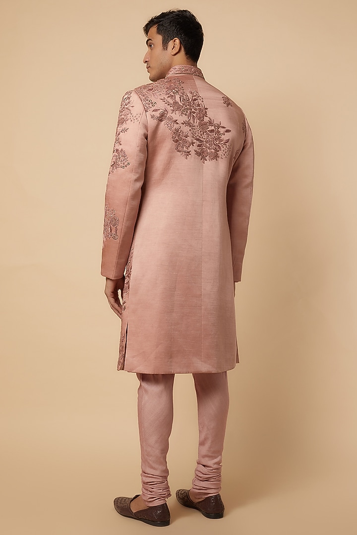 Old Rose Linen Silk Hand Embroidered Groom Sherwani Set by Jatin Malik at Pernia's Pop Up Shop