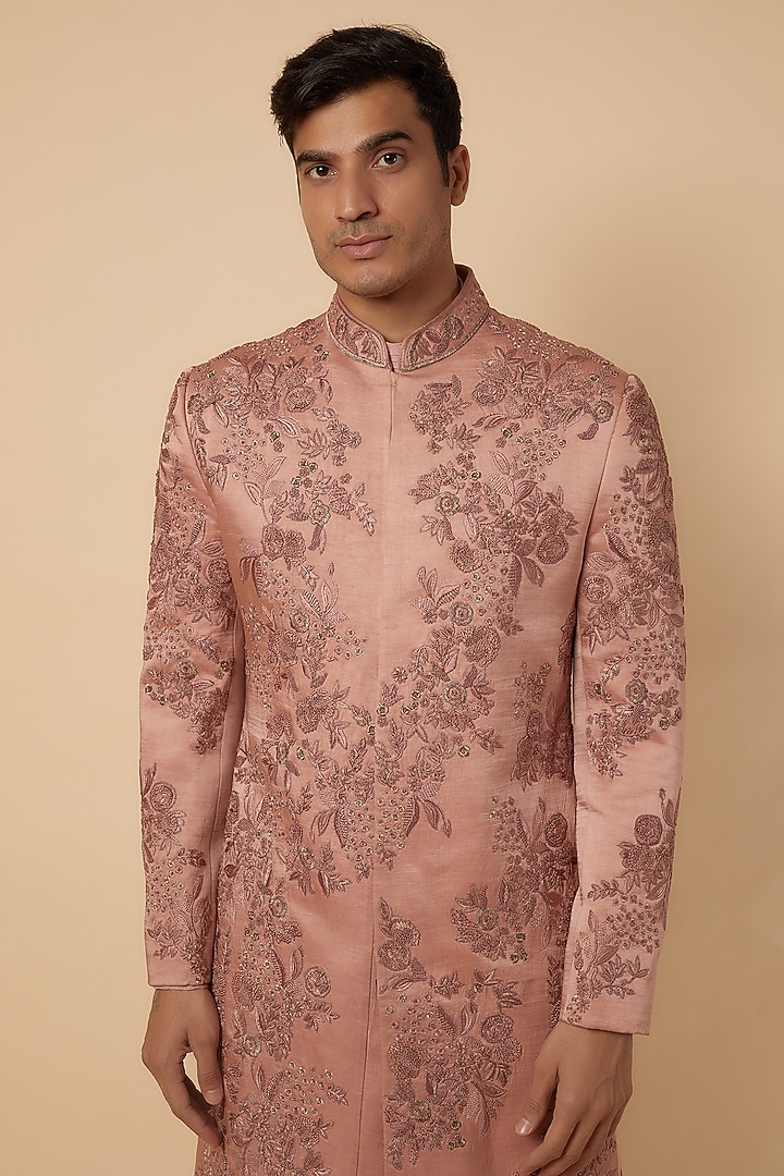 Old Rose Linen Silk Hand Embroidered Groom Sherwani Set by Jatin Malik at Pernia's Pop Up Shop