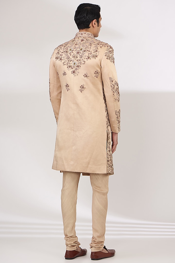 Champagne Slub Silk Hand Embroidered Groom Sherwani Set by Jatin Malik at Pernia's Pop Up Shop