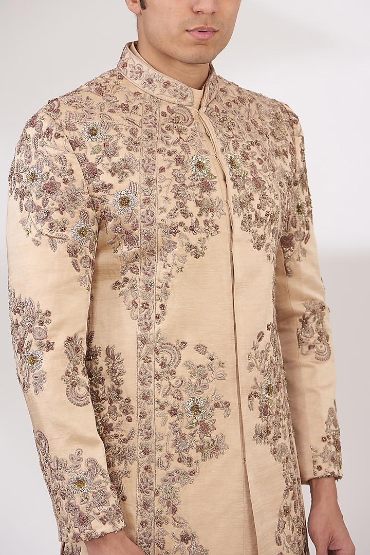 Champagne Slub Silk Hand Embroidered Groom Sherwani Set by Jatin Malik at Pernia's Pop Up Shop