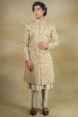 Sand Grey Linen Silk Embroidered Sherwani Set by Jatin Malik