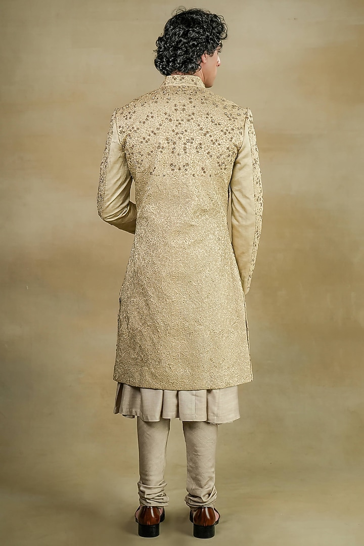Sand Grey Linen Silk Embroidered Groom Sherwani Set by Jatin Malik at Pernia's Pop Up Shop