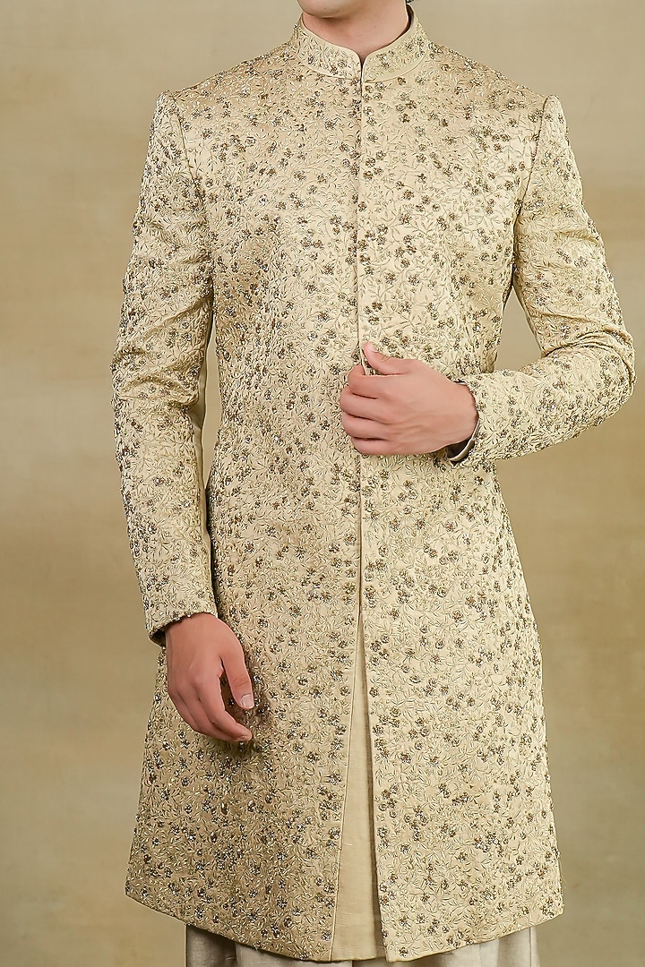 Sand Grey Linen Silk Embroidered Groom Sherwani Set by Jatin Malik at Pernia's Pop Up Shop