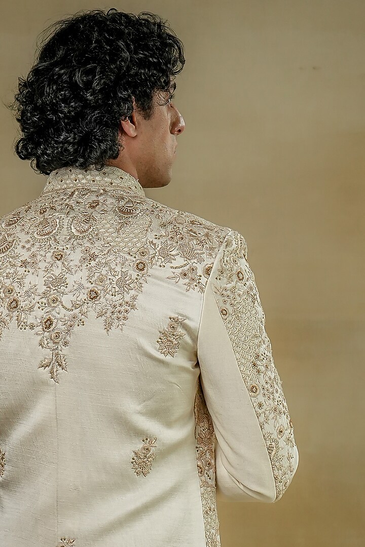 Dirty Ivory Linen Silk Embroidered Groom Sherwani Set by Jatin Malik at Pernia's Pop Up Shop