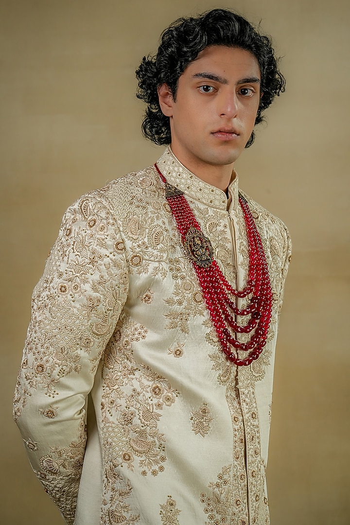 Dirty Ivory Linen Silk Embroidered Groom Sherwani Set by Jatin Malik at Pernia's Pop Up Shop
