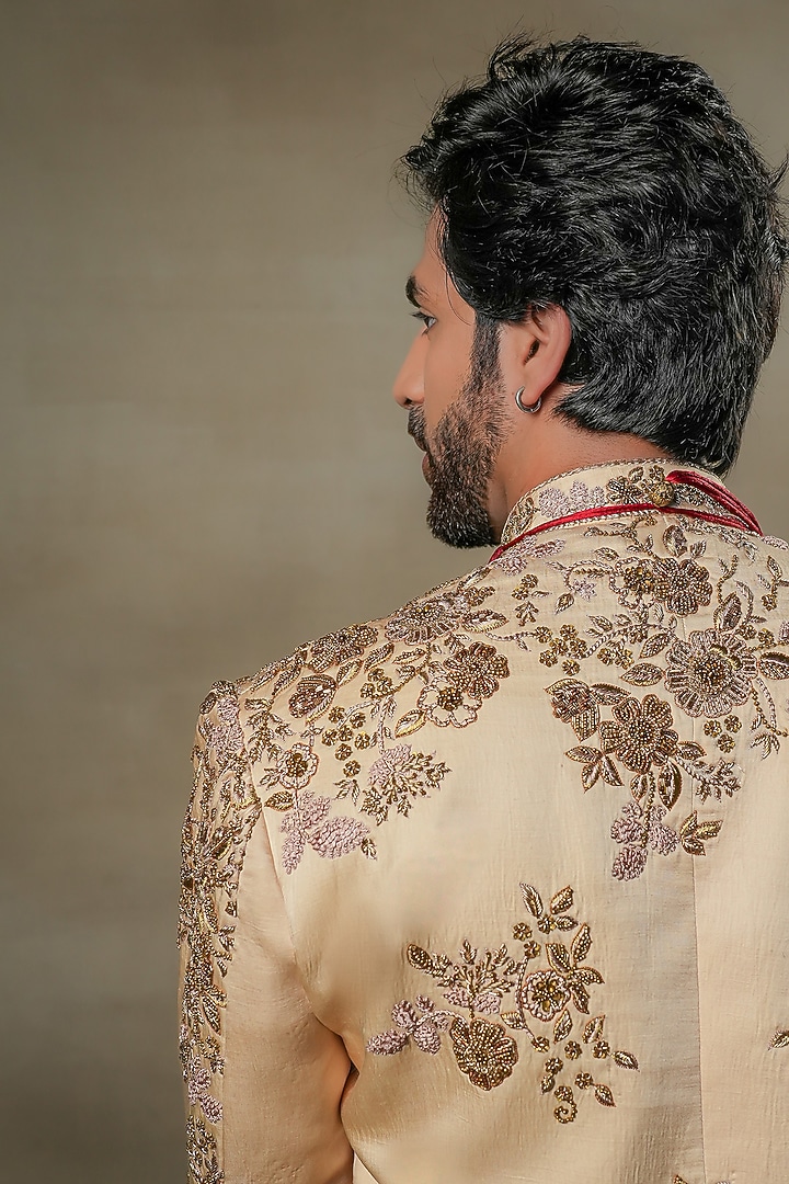 Gold Linen Silk Embroidered Groom Sherwani Set by Jatin Malik at Pernia's Pop Up Shop