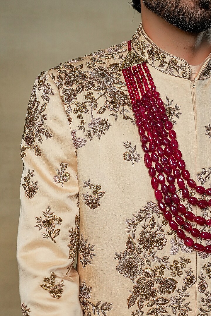 Gold Linen Silk Embroidered Groom Sherwani Set by Jatin Malik at Pernia's Pop Up Shop