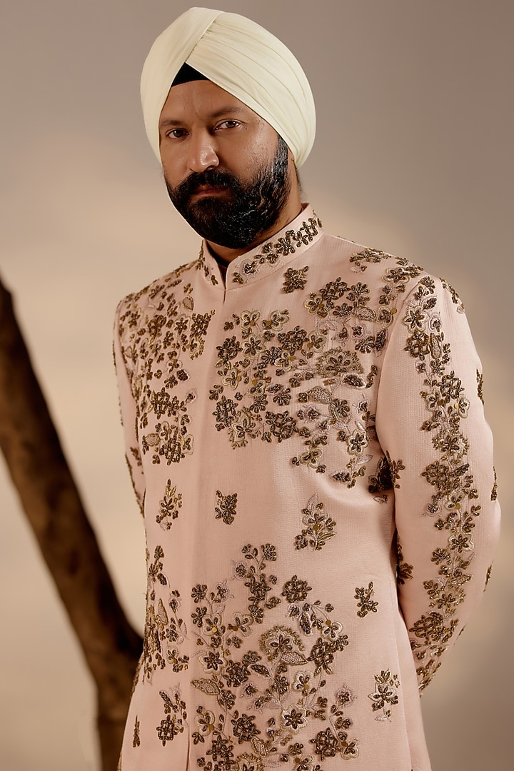 Blush Pink Linen Silk Embroidered Groom Sherwani Set by Jatin Malik at Pernia's Pop Up Shop