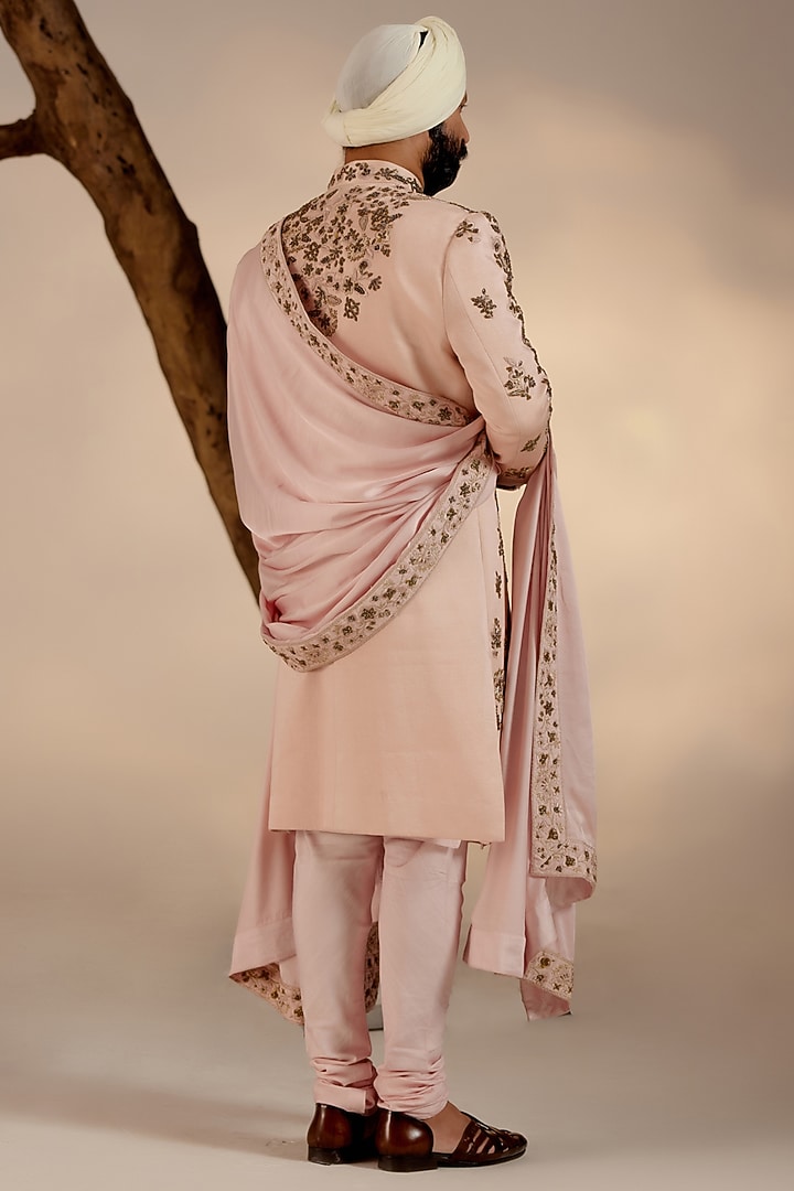 Blush Pink Linen Silk Hand Embroidered Groom Sherwani Set by Jatin Malik at Pernia's Pop Up Shop