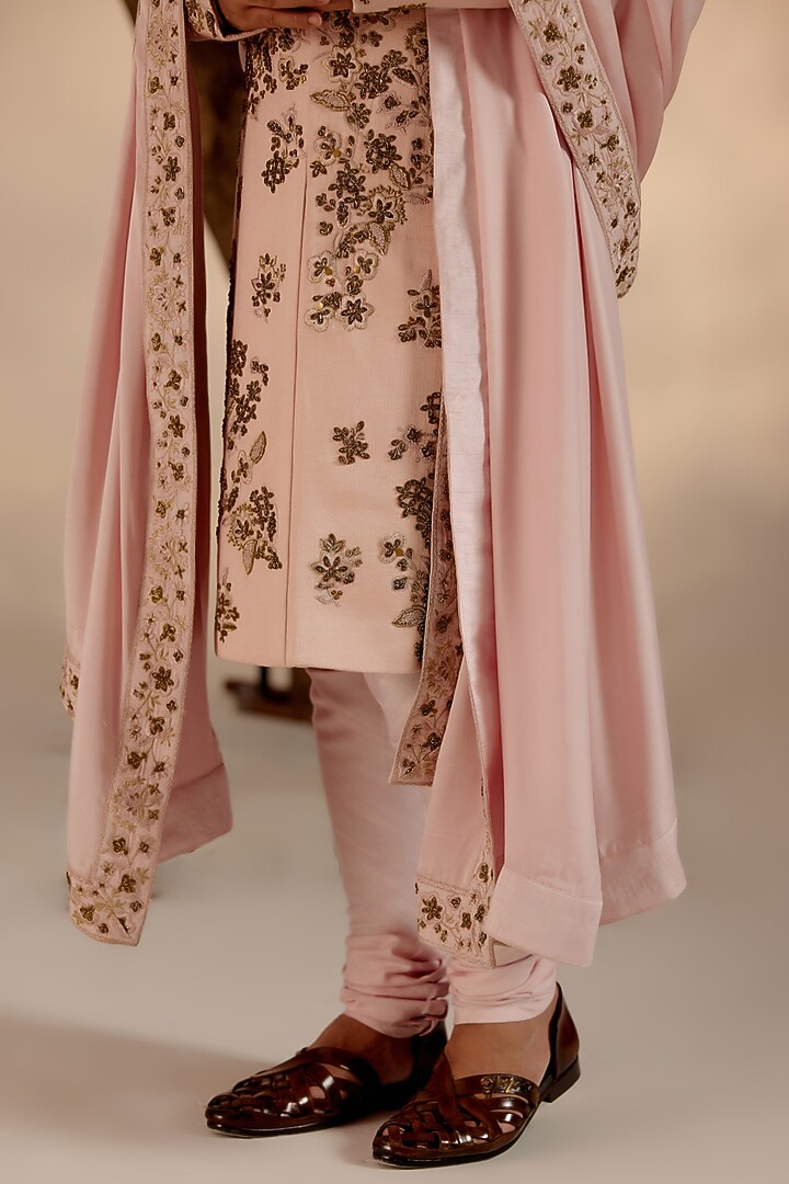 Blush Pink Linen Silk Hand Embroidered Groom Sherwani Set by Jatin Malik at Pernia's Pop Up Shop